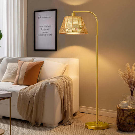 Oneach Arc Floor Lamp for Living Room,Rattan Boho Floor Lamp with Hand-Woven Wicker & Fabric Shade, Foot Switch,Gold Metal Base & Pole,Farmhouse Standing Lamp for Bedroom Corner,Office,Reading