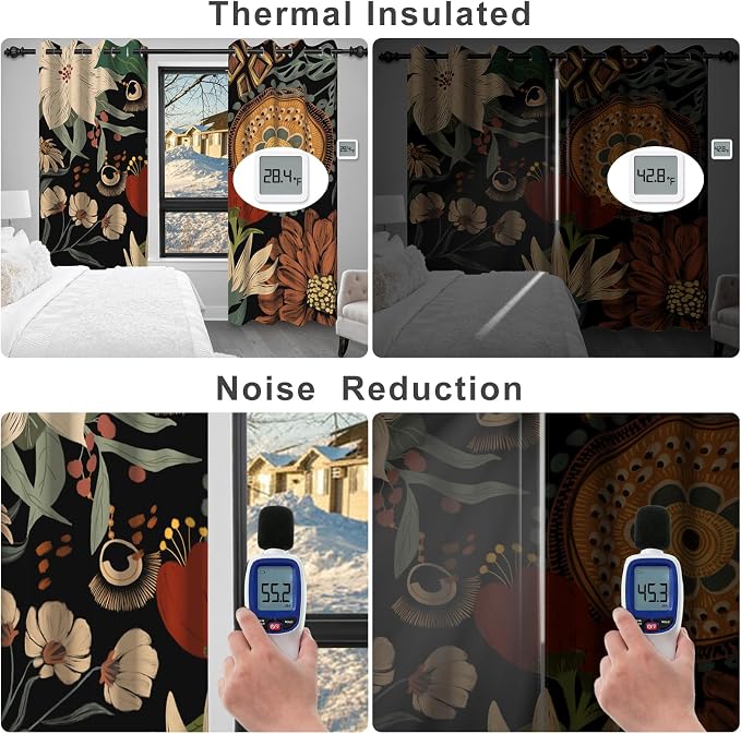 Black Boho Floral Blackout Curtains for Bedroom and Living Room, Grommet Thermal Insulated Room Darkening Curtains 84 Inch Long 2 Panels Set, Light Filtering Privacy Drapes with Curtain Tiebacks