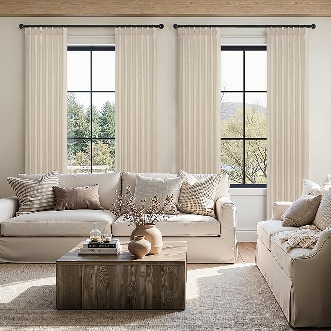120 Inches Long Pinch Pleated Semi Sheer Curtains,Beige Linen Blended Light Filtering Window Curtains 120 Length 2 Panels for Living Room Bedroom Pinch Pleat Drapes with Hooks 2 Panels 40" Wx120 L