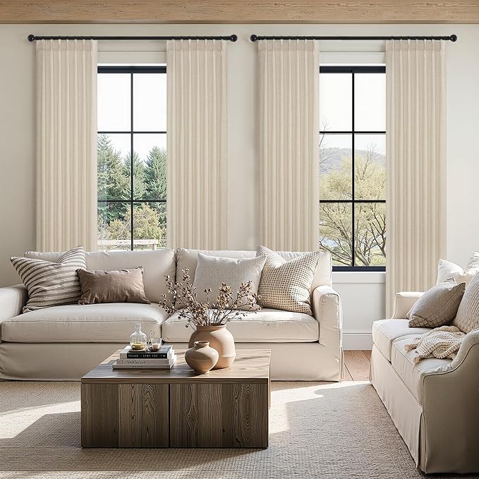 Topfinel Pinch Pleated Curtains 90 Inches Long 2 Panels Set,Sand Beige Semi Sheer Cotton Blend Fabric Aesthetic Advanced Curtain Drapes for Living Room Bedroom,40x90 inch Length