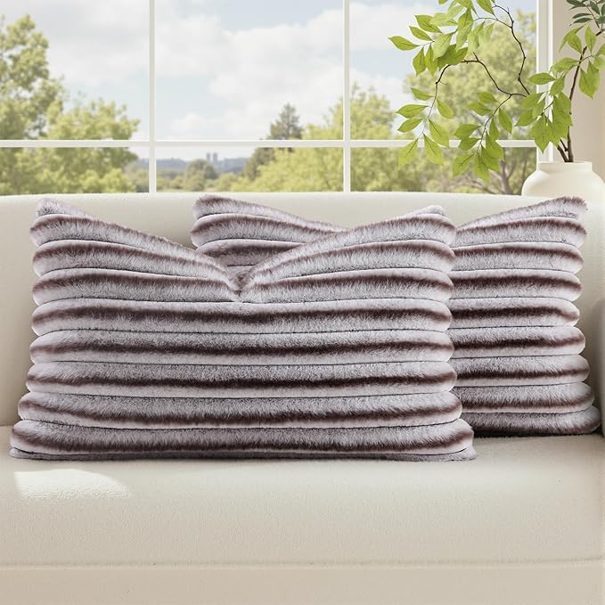 decorUhome Fall Cozy Faux Fur Throw Pillow Covers 12x20 Set of 2 Decorative Soft Plush Striped Lumbar Modern Farmhouse Boho Couch Pillow Cases with Velvet Back for Sofa Bed Living Room, Brown White