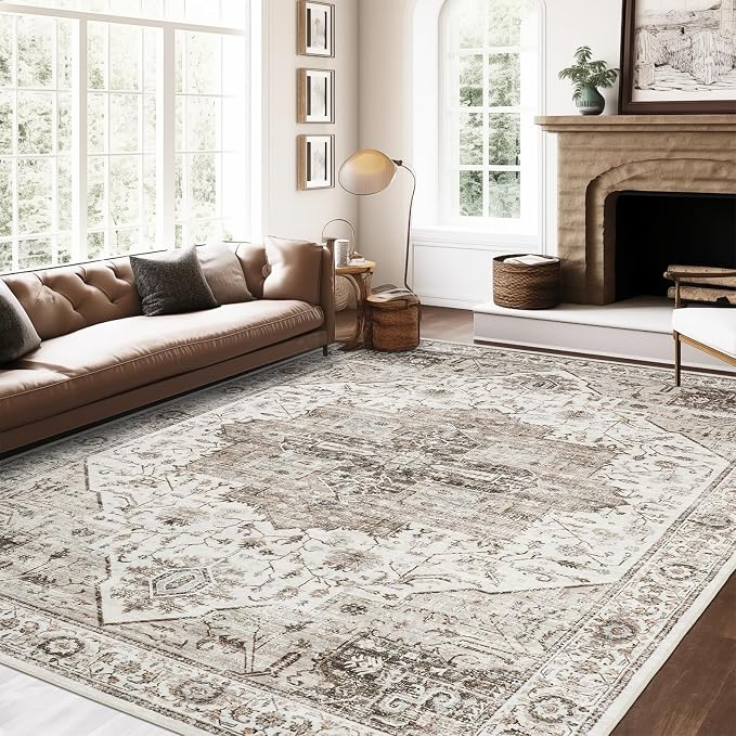 Roxstand 5x7 Area Rugs, Stain Resistant Machine Washable Area Rugs with Non-Slip Backing, Vintage Rugs for Bedroom, Living Room, Large Soft Low Pile Area Rug (White/Brown, 5'x7')