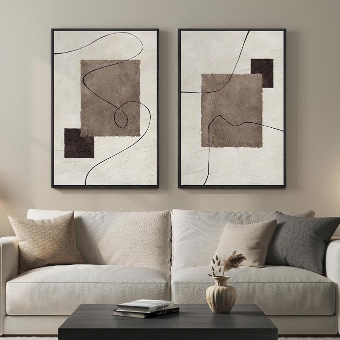 Framed Neutral Abstract Wall Art for Living Room, Set of 2 Geometric Line Beige Brown Canvas Artwork for Walls, Large Minimalist Modern Painting Print for Hallway Bedroom Office Wall Decor, 24x36 Inch