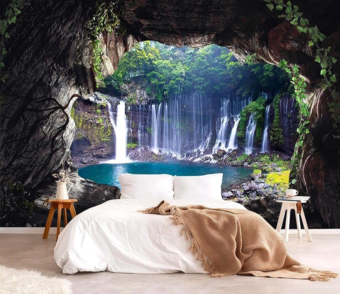 YQWDMX - 3D Cave Waterfall Peel and Stick Wallpaper Mural for Bedroom ZY07 S