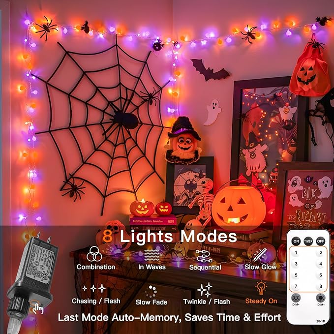 suddus 43ft Connectable Globe String Lights Plug in Remote Purple Orange | 100 Led Hanging Fairy Lights With Timer 8 Mode,String Lights for Bedroom for bedroom,Halloween Indoor ,Outdoor Decor