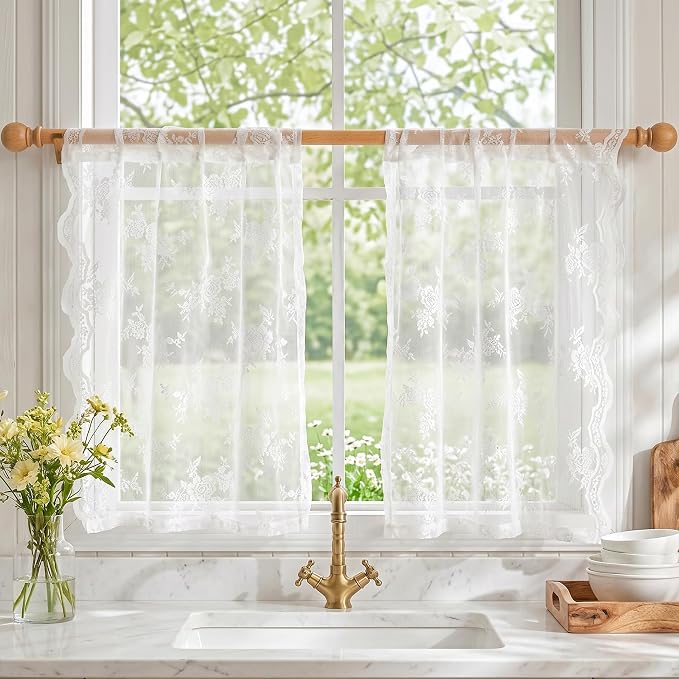 MEETSKY White Lace Curtains 36 Inch Length 2 Panels, Victorian Floral Pattern White Sheer Curtains for Kitchen and Bathroom Mini Curtains Over Sink for Small Windows Camper Cafe 26" W Each Panel