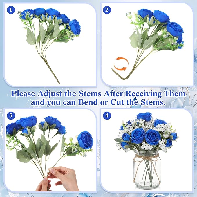 Zeyune 6 Sets Mason Jar Centerpiece Table Decorations, Artificial Peony Baby's Breath Flower Bouquets, Faux Flowers with Vase, Rustic Decor Gifts for Home, Wedding, Holiday (Royal Blue)