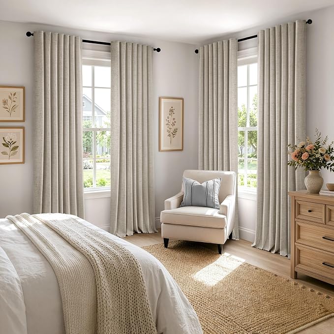MIULEE 100% Blackout Linen Curtains for Bedroom, Stone Solid Luxury Decor Thermal Insulation Room Darkening Drapes for Living Room Back Tab Rod Pocket 42 x 63 Inches, 2 Panels