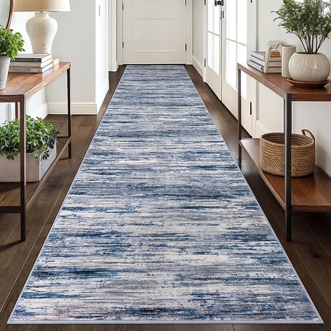 SIILOOM 2.6x18 Modern Abstract Runner Rug for Hallways, Navy Blue Gray Neutral Multi Super Soft Hallway Decor Kitchen Rugs with Non-Slip, Non-Shedding Washable Rug for Entryway Bedroom Indoor