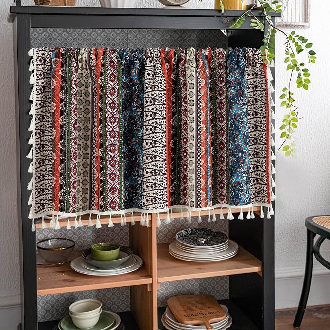 VOGOL Boho Valances for Living Room, 1 Panel Rod Pocket Geometric Printed Bohemian Valance with Stripes, Colorful Cotton Linen Short Curtain for Cafe, 59 x 18 Inches