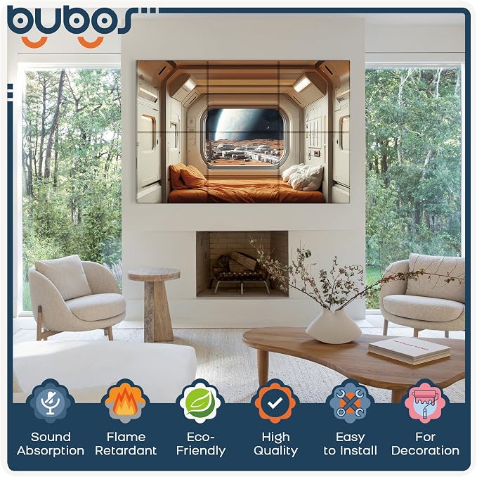 BUBOS 6 Pack Acoustic Wall Panels - High-Density Polyester Sound Absorbing Panels, Decorative Print Treatment for Recording Studio & Home Office, Peel and Stick, 23.6" x 23.6"
