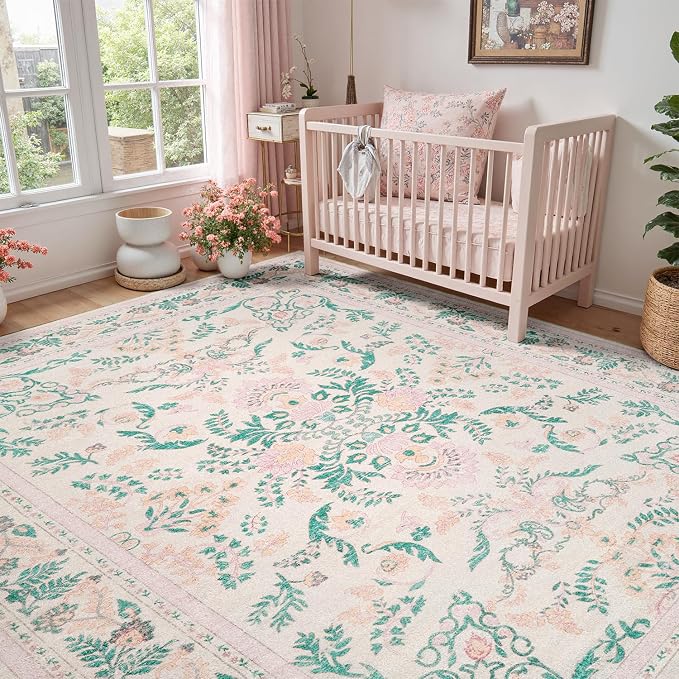 DCX 6x9 Pink Rug, Floral Rug for Girl’s Bedroom, Cute Soft Low Pile Non Slip Stain Resistant Machine Washable Indoor Décor, Kid & Pet Friendly Nursery Carpet for Living Room, Dorm, Playroom