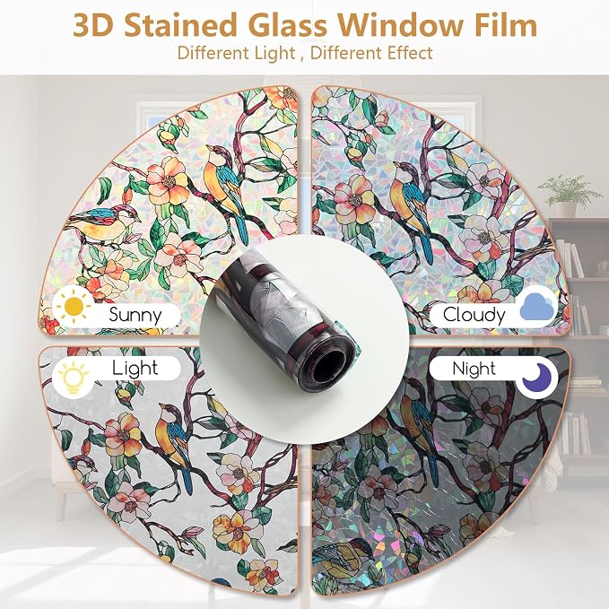 Kromapolis Window Privacy Film, Stained Glass Sticker Floral Window Clings, Decorative Static Clings UV Blocking Colorful Decals, Removable Vinyl Covering Rainbow Camellia, 29.5'' x 78.7''