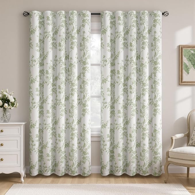 Sage Green Floral 100% Blackout Curtains for Bedroom 84 Inch Length 2 Panels Set, Farmhouse Curtains for Living Room