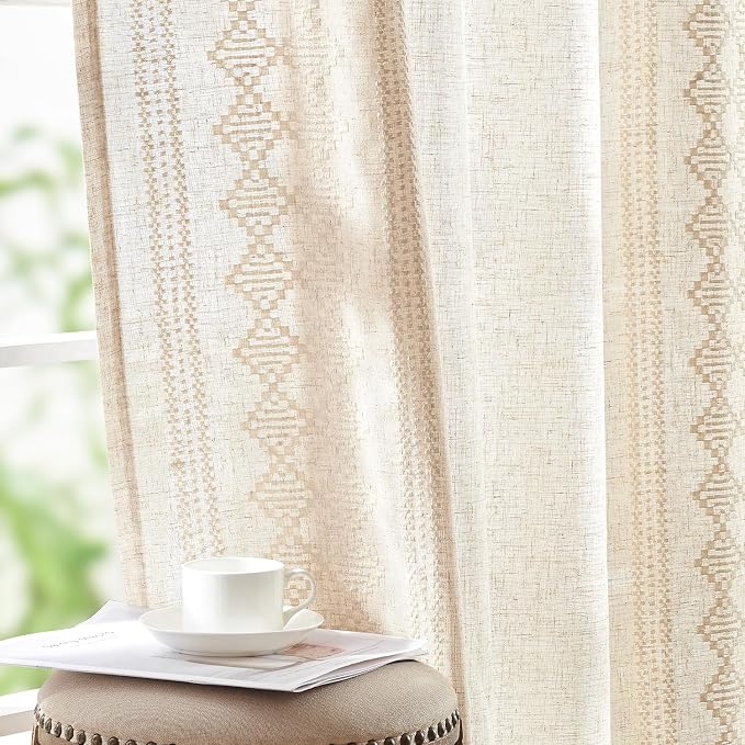 jinchan Boho Curtains Linen Blend Ivory Farmhouse Curtains 63 Inches Long for Living Room Square Embroidered Bordered Back Tab Living Room Window Light Filtering Bohemian Drapes 2 Panels