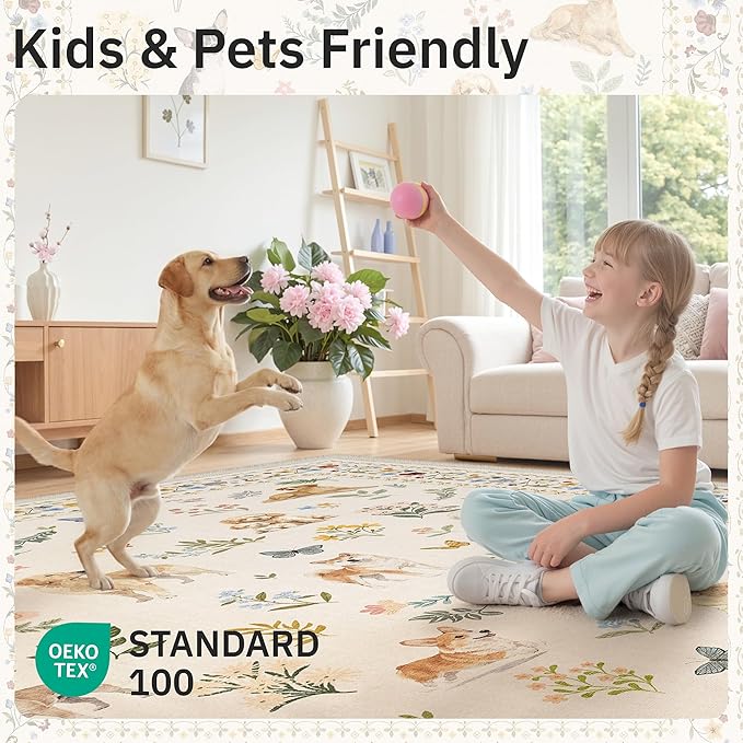 Soalmost Dog 6x9 Area Rugs for Living Room, Machine Washable Animal Floral Vintage Rug Non-Slip Low Pile Soft Throw Rugs for Bedroom Dining Room Kitchen Nursery Playroom (6 x 9,Beige)