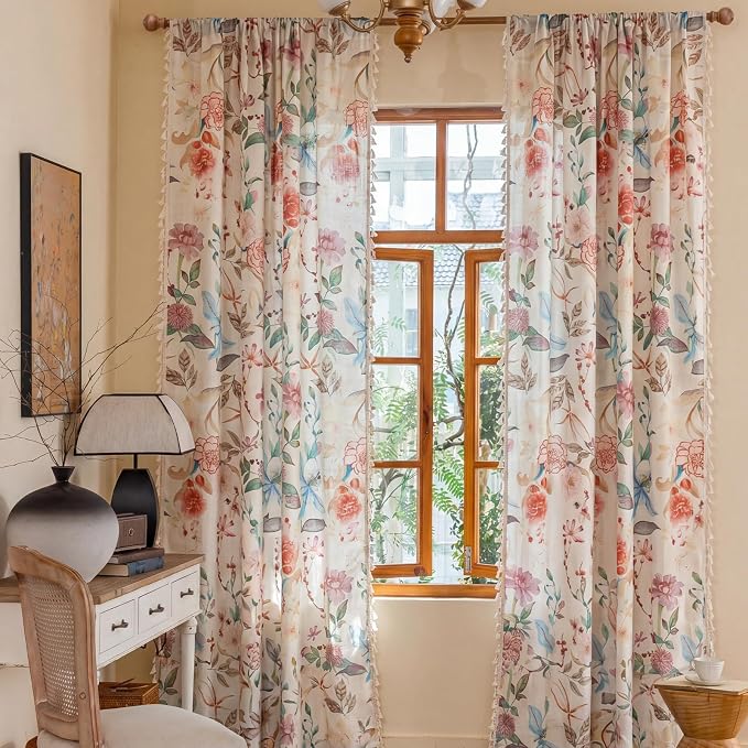OYX Boho Floral Curtains 84 Inch, Linen Farmhouse Flower Drapes with Lace & Tassels, Light Filtering Semi Sheer Curtains for Living Room Bedroom, 2 Panels