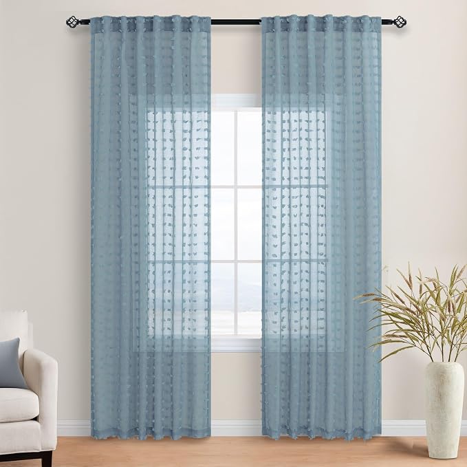 Dusty Blue Sheer Curtains for Bedroom 84 Inch Length Pom Pom Design Country Chic Vintage Farmhouse Boho Semi Sheer Curtain for Living Room Girls Boys Kids Room Stone Blue 52 by 84 Inches Long Back Tab