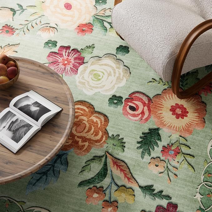 4x6 Bedroom Area Rug Washable: Throw Rugs for Living Room Floral Green Rug Non Slip Low Pile Faux Wool Non Shedding Small Carpet for Kitchen Entryway Bedside Home Office Dorm Kids Room Entrance Entry