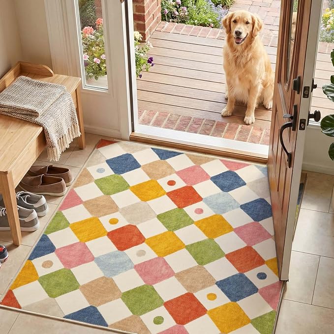 jinchan Macy Area Rug for Kids Room 4'x4' Square Rug Modern Colorful Nursery Rug Checkered Diamond Play Mat Washable Soft Non Slip Carpet for Entryway Bedroom Playroom Dorm Daycare Circus on Cream