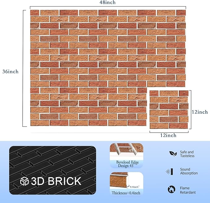 12Pack Acoustic Panels, Self-Adhesive 3D Brick Pattern Sound Proof Panels for Walls, High Density Decorative Sound Dampening Wall Panels for Recording Studios, Offices, Home, 12"×12"×0.4", Red
