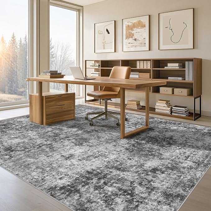 Tortania Washable 6x9 Area Rug for Living Room: Modern Abstract Neutral Large Soft Thin Rugs - Non Slip Indoor Carpet for Bedroom Dining Room Office Nursery Home Floor Decoration - Charcoal Grey