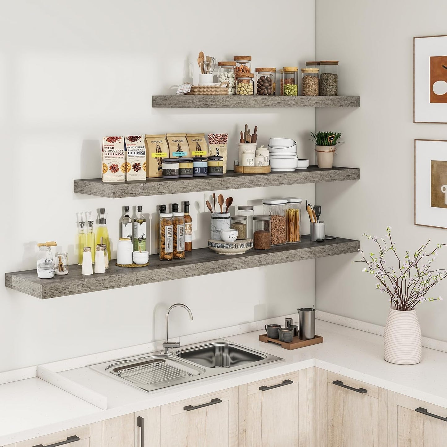 RICHFOCUS 40Inch Floating Shelves for Wall 2 Pack Shelves for Bedroom|Kitchen|Bathroom Wall Mounted Rustic Wood Floating Shelf with Invisible Brackets for Books|Storage|Decor, Grey