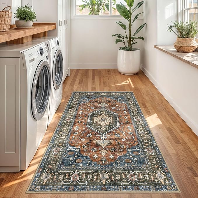 KUTA 3x5 Entryway Rug Non-Slip Washable Area Rugs, Vintage Kitchen Rugs Brick Red, Ultra Soft Printed Medallion Tribal Entry Low-Pile Carpet for Entrance Bedroom Nursery Dorm Décor