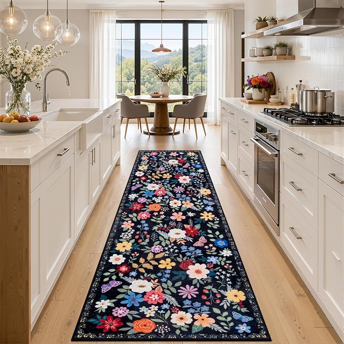 Runner Rug for Entryway: 3x10 Kitchen Rugs Non Slip Washable Ultra-Thin Soft Floral Carpet Indoor Floor Stain Resistant Carpets for Hallway Bedroom Kitchen Laundry Bathroom Dorm Black