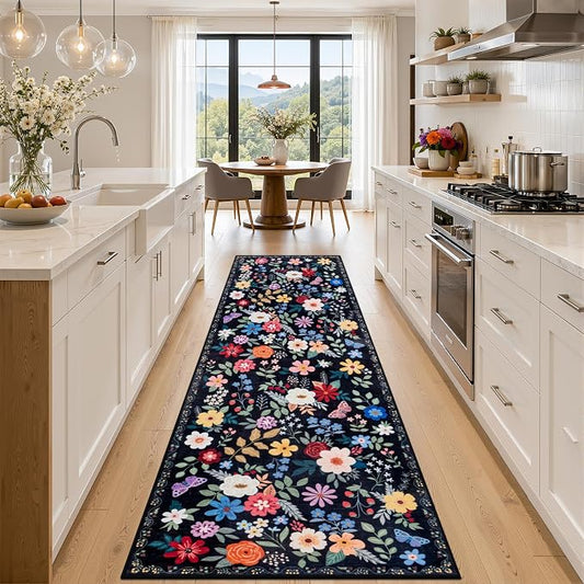 Runner Rug for Entryway: 2.6x10 Kitchen Rugs Non Slip Washable Ultra-Thin Soft Floral Carpet Indoor Floor Stain Resistant Carpets for Hallway Bedroom Kitchen Laundry Bathroom Dorm Black