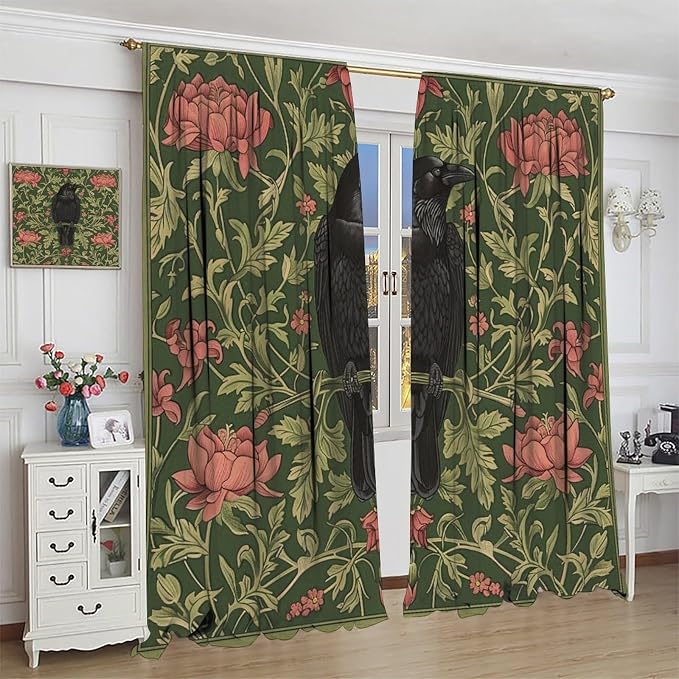 William Morris Blackout Curtains, Retro Bird Crow Flower Animal Pattern Window Drapes, for Bedroom Living Room 72" W X 63" L