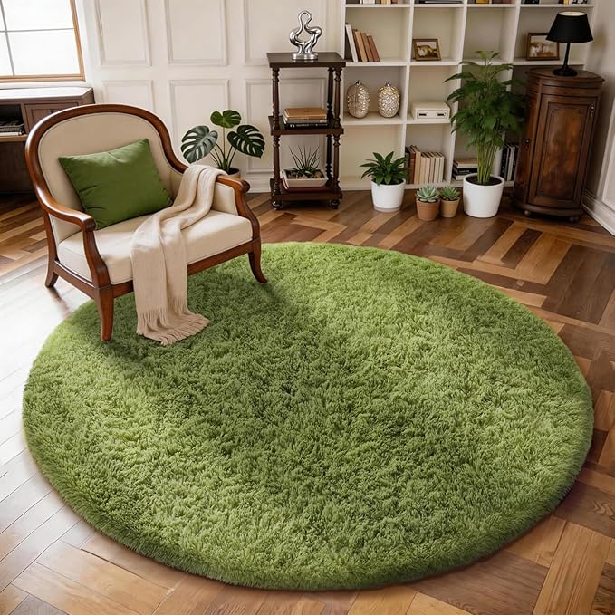 Ophanie Round Rug 5Ft Green Circle Area Rug, Green Room Decor, Fluffy Fuzzy Bedroom Carpet, Plush Soft Shaggy Living Room Rugs for Kids Home Decor Aesthetic, Nursery with Over 99 pcs Pile fibers