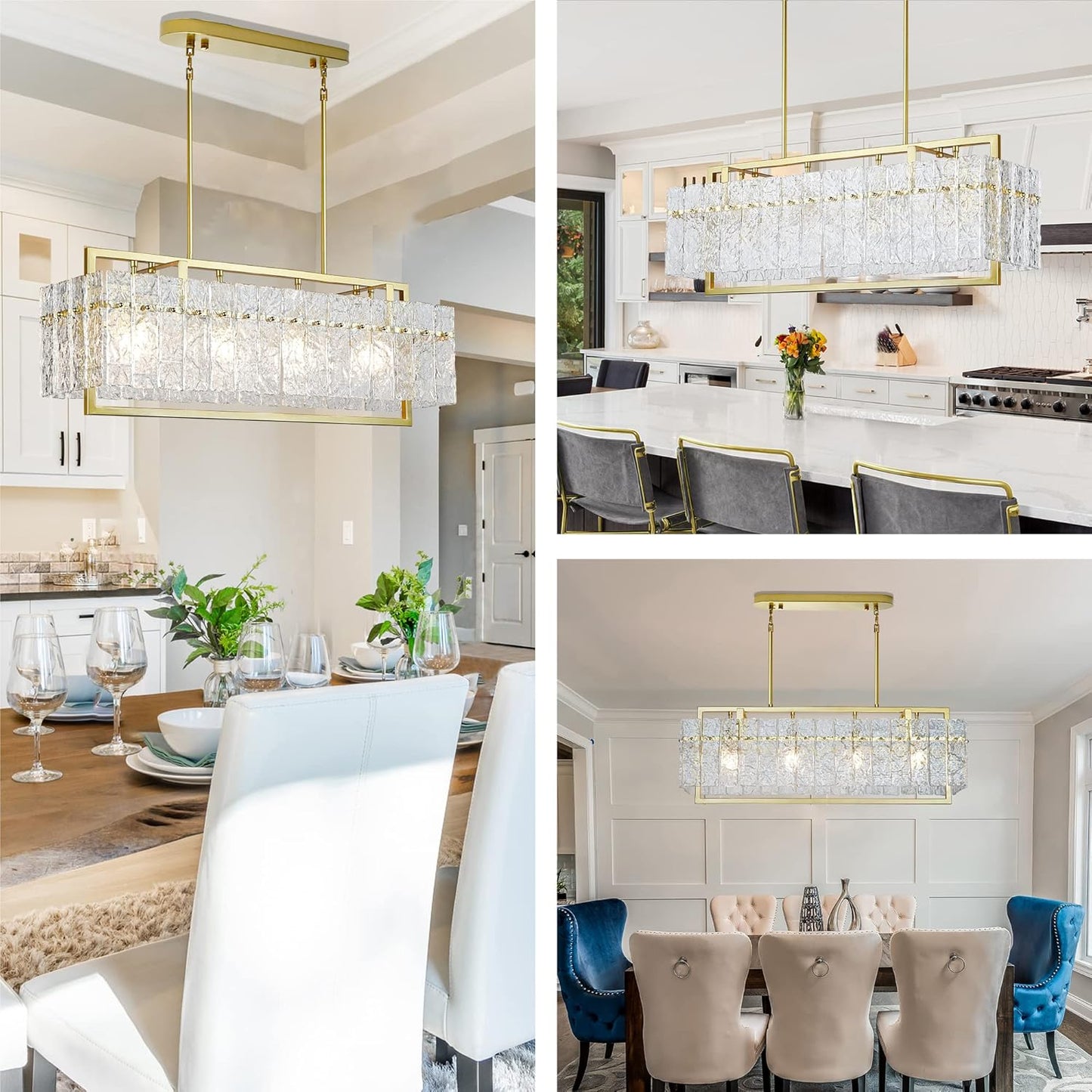 IKK Modern Gold Rectangle Chandeliers for Dining Room, Crystal Water Ripple Light Fixture, Elegant Farmhouse Linear Lighting for Kitchen Island, Bar Table, L33 x W9 x H12