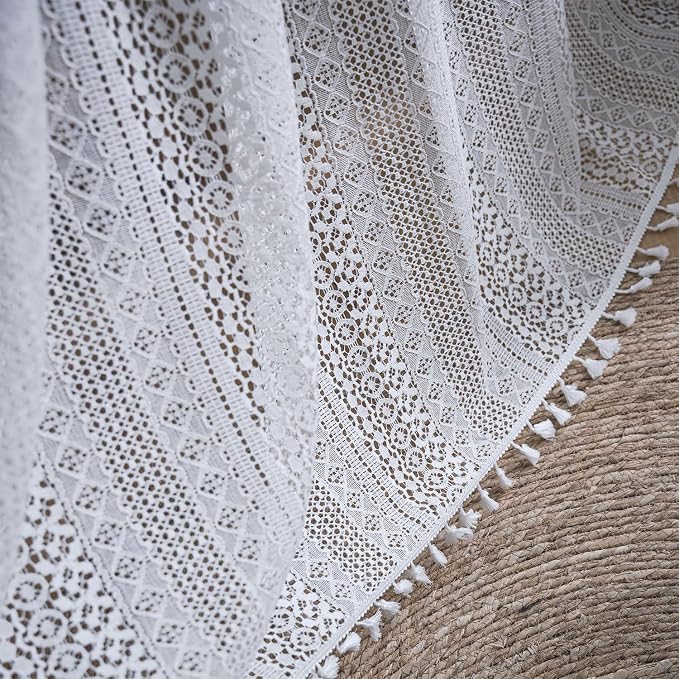 WAZZIO Boho Lace Curtains 72 Inches 2 Panel,Light Filtering Privacy Tassel & Geometry Crochet Semi Sheer Curtain Drapes for Bedroom Living Dining Room,Rod Pocket & Tassel,Victorian Decor,Off White