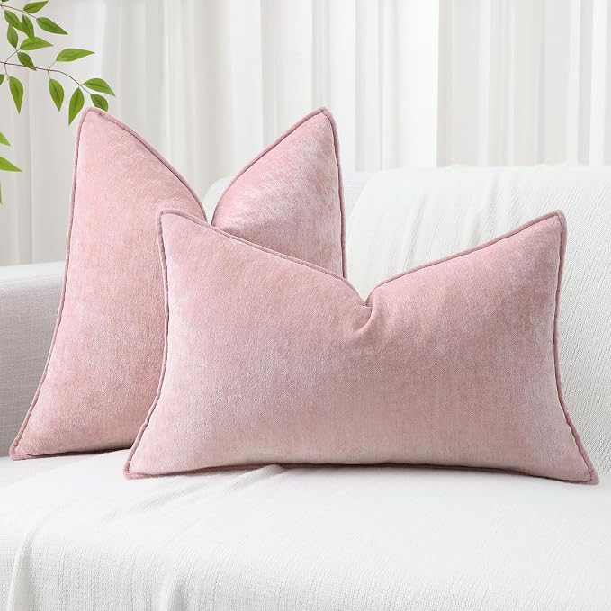 decorUhome Fall Couch Euro Sham Throw Pillow Covers 26x26 Set of 2, Decorative Soft Velvet Modern Cozy Chenille Pillow Cases with Elegant Design for Sofa Bed Living Room Home Decor, Blush Pink