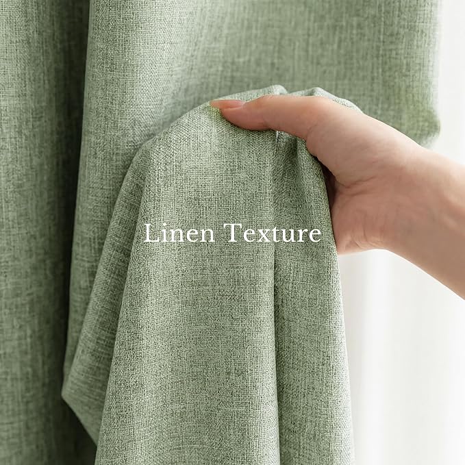 NICETOWN Farmhouse Linen Textured 100% Blackout Curtains 2 Panels, Hook Belt/Back Tab/Pocket Thermal Insulated Room Darkening Window Treatments for Bedroom, Sage Green, 52" W x 90" L