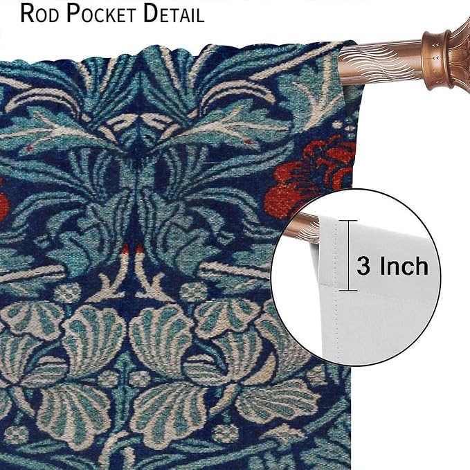 Bohemian William Morris Retro Plant Floral Blackout Window Curtains, Flower Vintage Country Farmhouse Art Window Drapes, for Bedroom Living Room 27.5(W)*63(L) 2 Panels