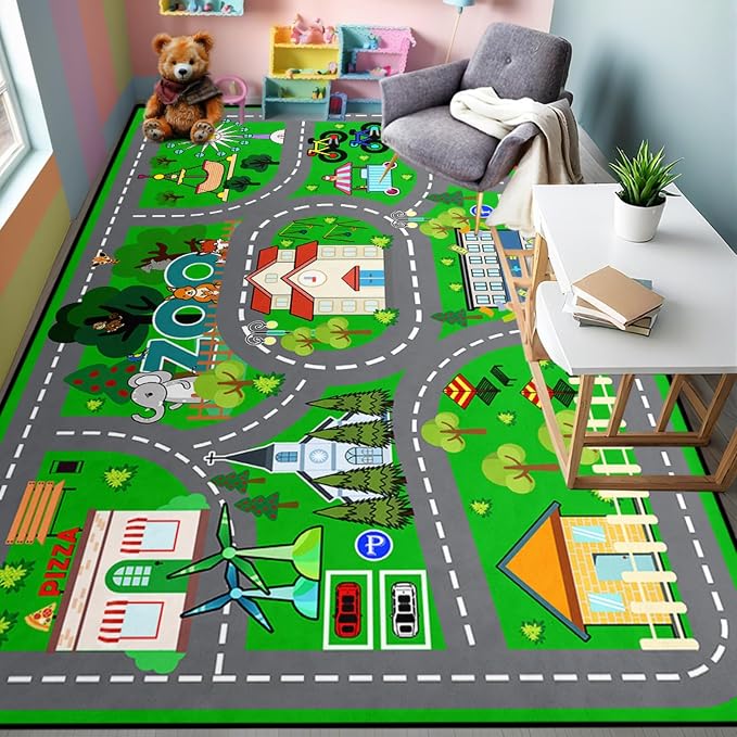 Car Rug Play Mat 6x9 Feet - Green Road Rug for Kids Boys Room, Fun Race Track Traffic Road Carpet for Boys Playmat Educational Learn, Car Carpet for Kids Room Decor Playmat Bedroom Playroom
