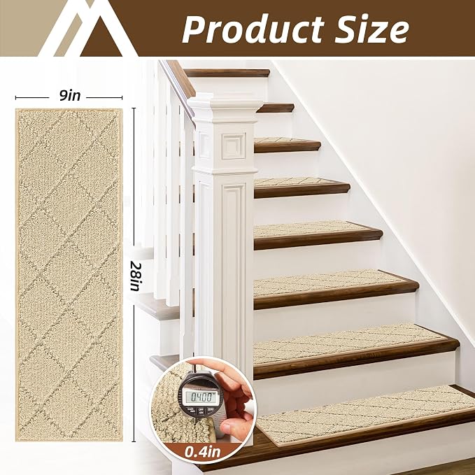 COSY HOMEER Stair Treads for Wooden Steps 9"x28",Washable Non Slip Peel and Stick Carpet Stair Treads with Reusable Residue Free Backing Soft Pet Friendly Stair Runner for Kids Elders,Warm Beige,10pcs