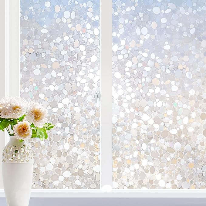 rabbitgoo Window Privacy Film, Decorative Rainbow Window Clings for Glass Covering, Static Cling Non Adhesive Door Stickers UV Blocking, Stained Glass Vinyl Decal, 3D Pebble, 17.5 x 118.1 inches