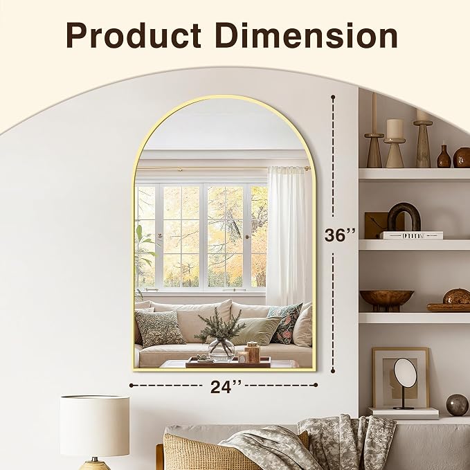Vanity Bathroom Mirror for Wall, 2 Pack 36”x24” Arched Bathroom Mirror for Over Sink, Arched Metal Frame for Bedroom, Living Room, Entryway, Hanging or Leaning, Gold