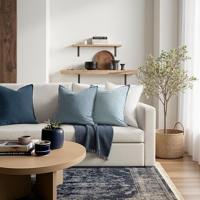 MIULEE Blue Boho Linen Decorative Pillow Covers 18x18 Inch Pack of 4 | Natural Throw Pillow Covers Soft Farmhouse Couch Pillowcases Modern Home Decors for Living Room Bed Sofa