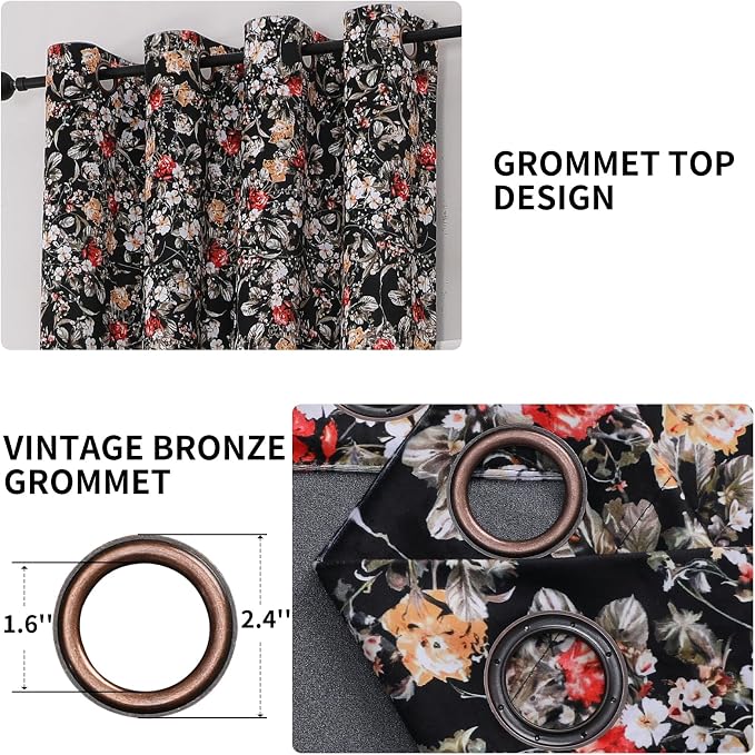 Estelar Textiler Velvet Black Blackout Curtains 96 Inch Long for Living Room,Floral Printed Thermal Insulated Room Darkening Energy Saving Home Decoration Grommet Drapes for Bedroom, 52Wx96L, 2 Panels