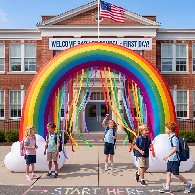 Seenelling 14 FT Giant Inflatable Rainbow Arch with Colored Tassel Decoration Back to School Theme Rainbow Arch Built-in LED Lights for Birthday Baby Shower Yard Outdoor Back to School Lawn Decor