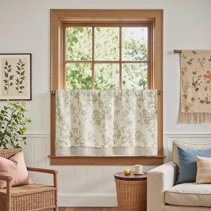 jinchan Linen Kitchen Curtain 24 Inch French Floral Double Layer Curtain Farmhouse Vintage Tier Drape Rustic Half Window Curtain for Living Room Window Treatment Rod Pocket 1 Panel Green on Beige