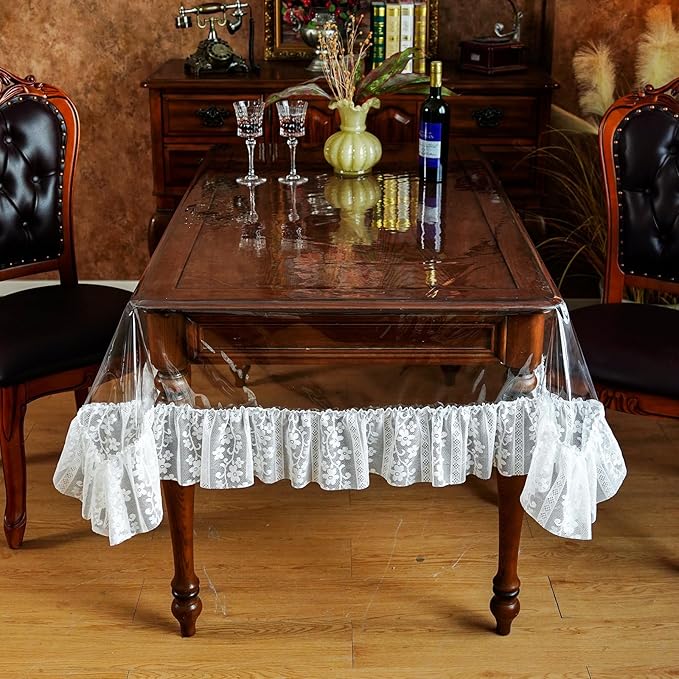 SUTAVIA Clear PVC Tablecloth White Lace Ruffle Edge Transparent Vinyl Table Protector Waterproof Rectangular Table Cover for Dining Table Home Outdoor Picnic (White Ruffle, Oblong, 60"x104")