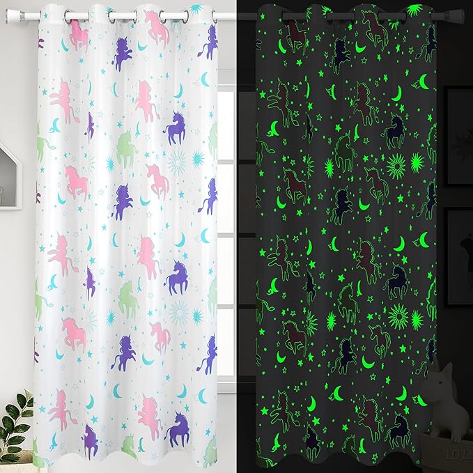 Unicorn Curtains for Girls Bedroom Decor, Glow in The Dark Pastel Princess Pink and Purple Colorful Star Room for Teen or Toddler Babys Kids Kawaii Rainbow Window Cute Classroom 2 Panels