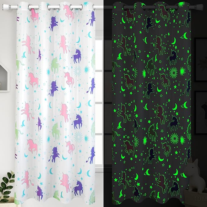 Unicorn Curtains for Girls Bedroom Decor, Glow in The Dark Pastel Princess Pink and Purple Colorful Star Room for Teen or Toddler Babys Kids Kawaii Rainbow Window Cute Classroom 2 Panels