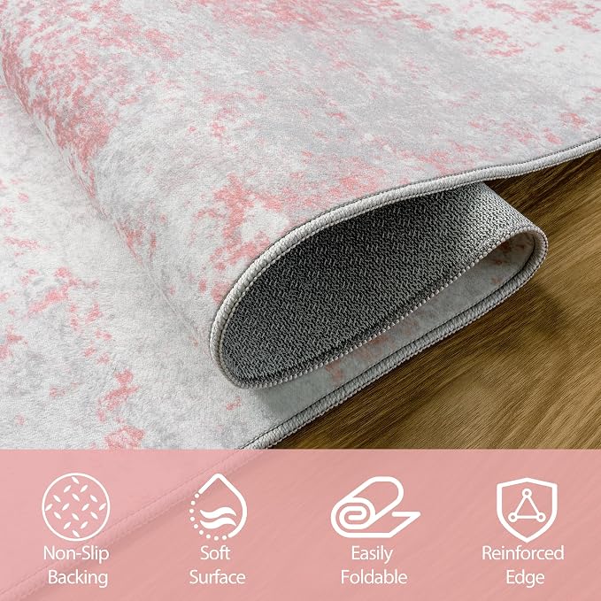8x10 Area Rugs for Living Room Rug Washable: Abstract Large Rug for Dining Room Bedroom Carpet Non Slip 8 by 10 Indoor Modern Nursery Home Office Pink