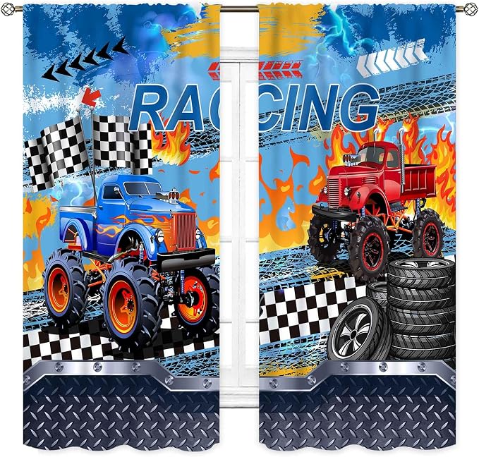Truck Curtains for Boys Room, Cool Banner Burning Flame Car Cartoon Monster Racing Theme Window Drapery Treatments for Boys Kids Bedroom Living Room Playroom Nursery 2 Panels, 42"x63" Inch